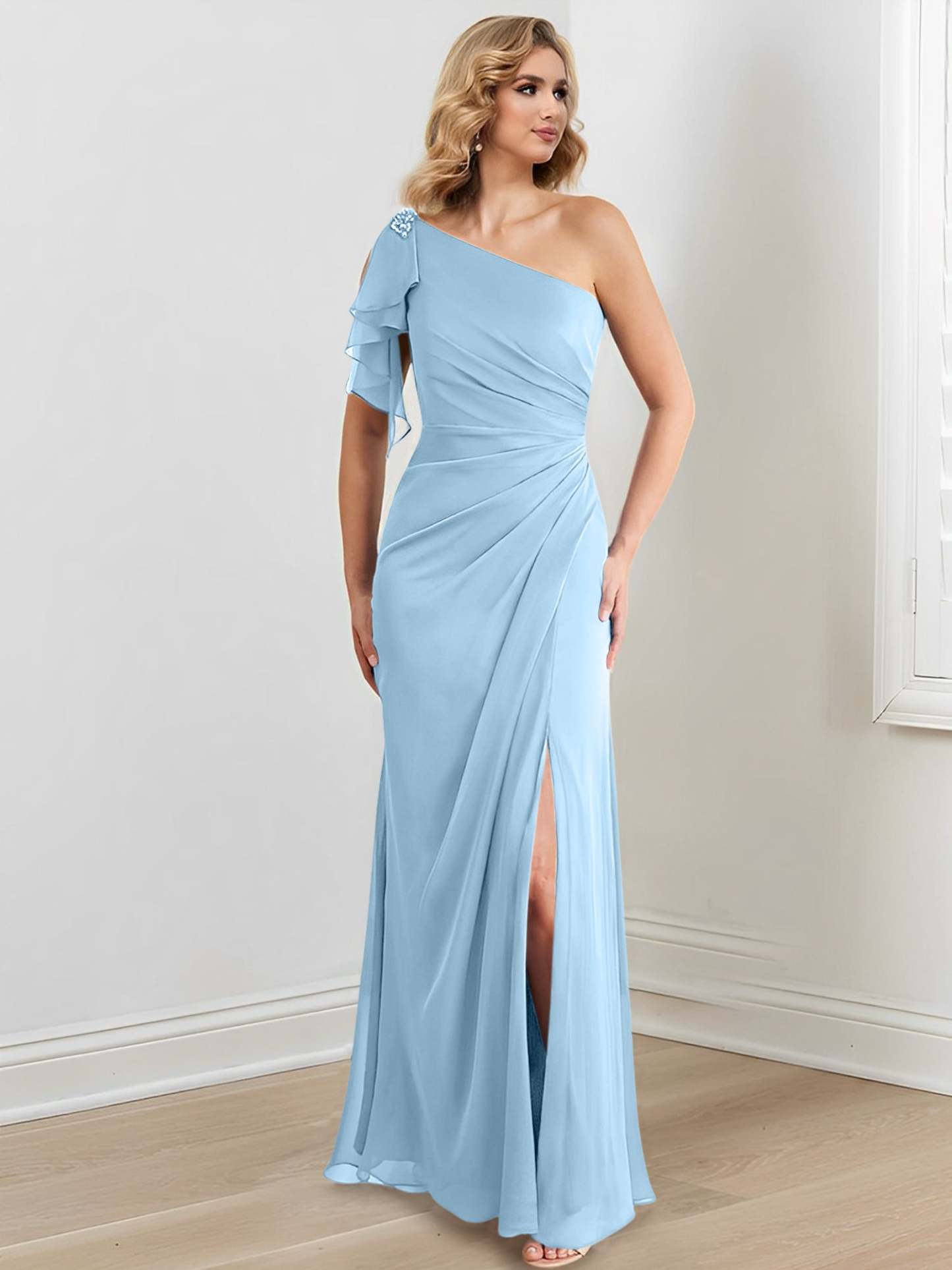 Elegant One-Shoulder Floor-Length Sheath/Column Gown for the Mother of the Bride