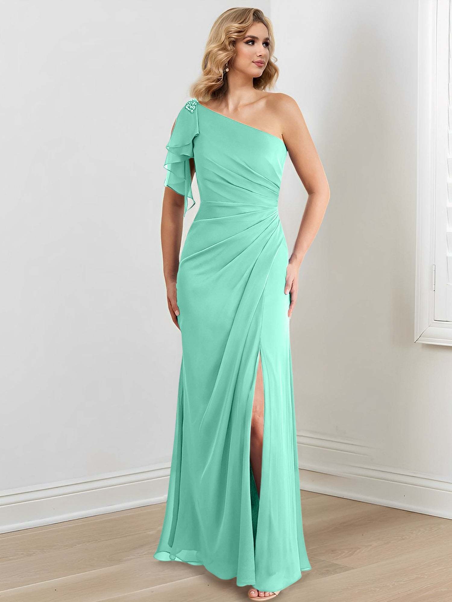Elegant One-Shoulder Floor-Length Sheath/Column Gown for the Mother of the Bride