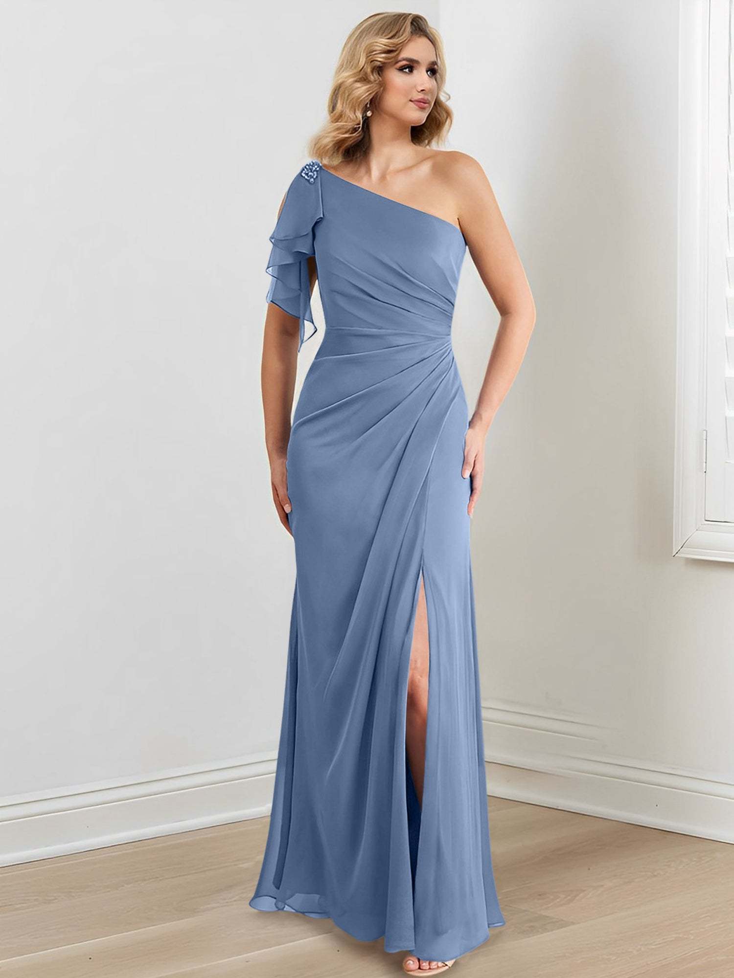 Elegant One-Shoulder Floor-Length Sheath/Column Gown for the Mother of the Bride