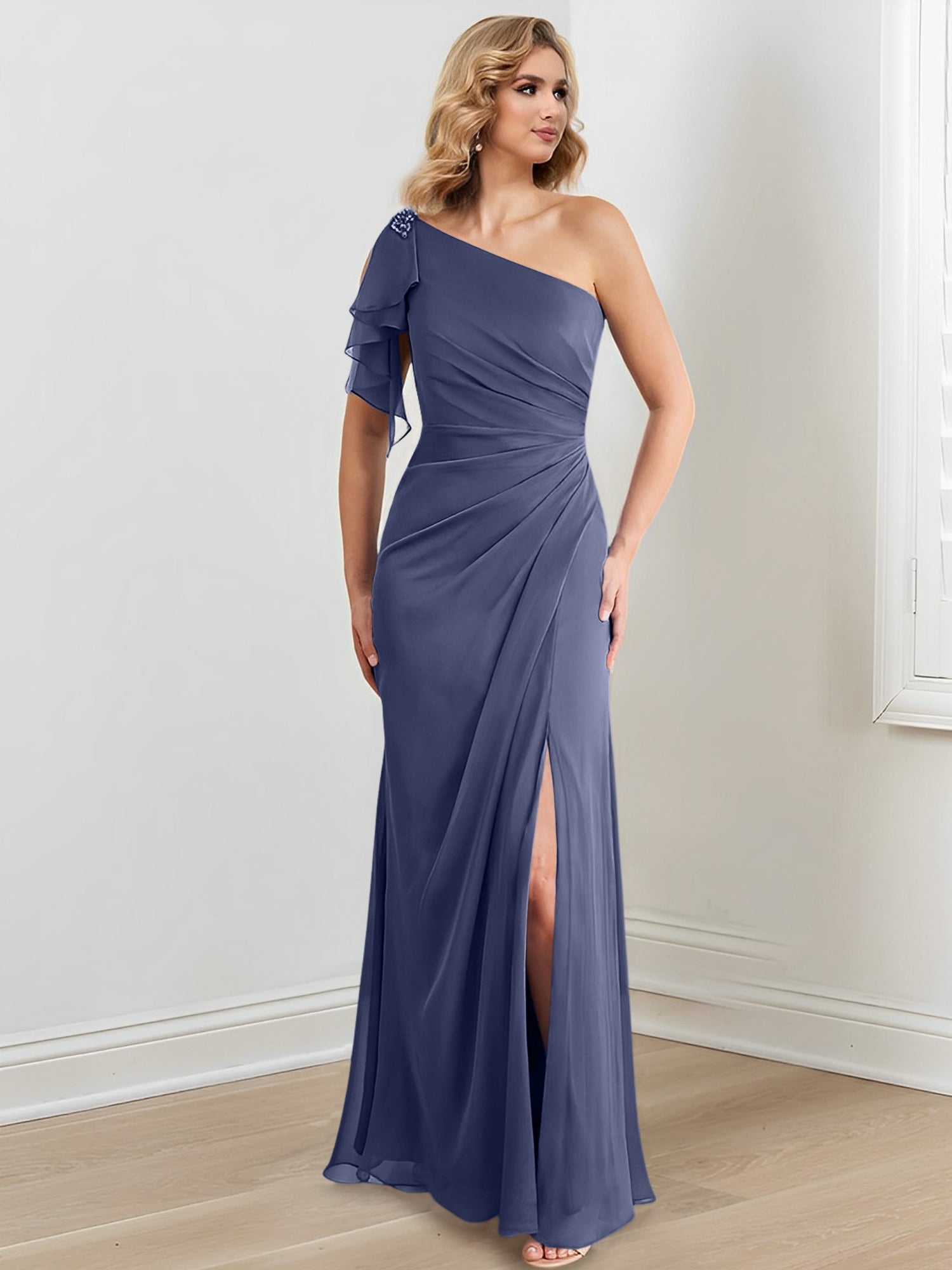 Elegant One-Shoulder Floor-Length Sheath/Column Gown for the Mother of the Bride