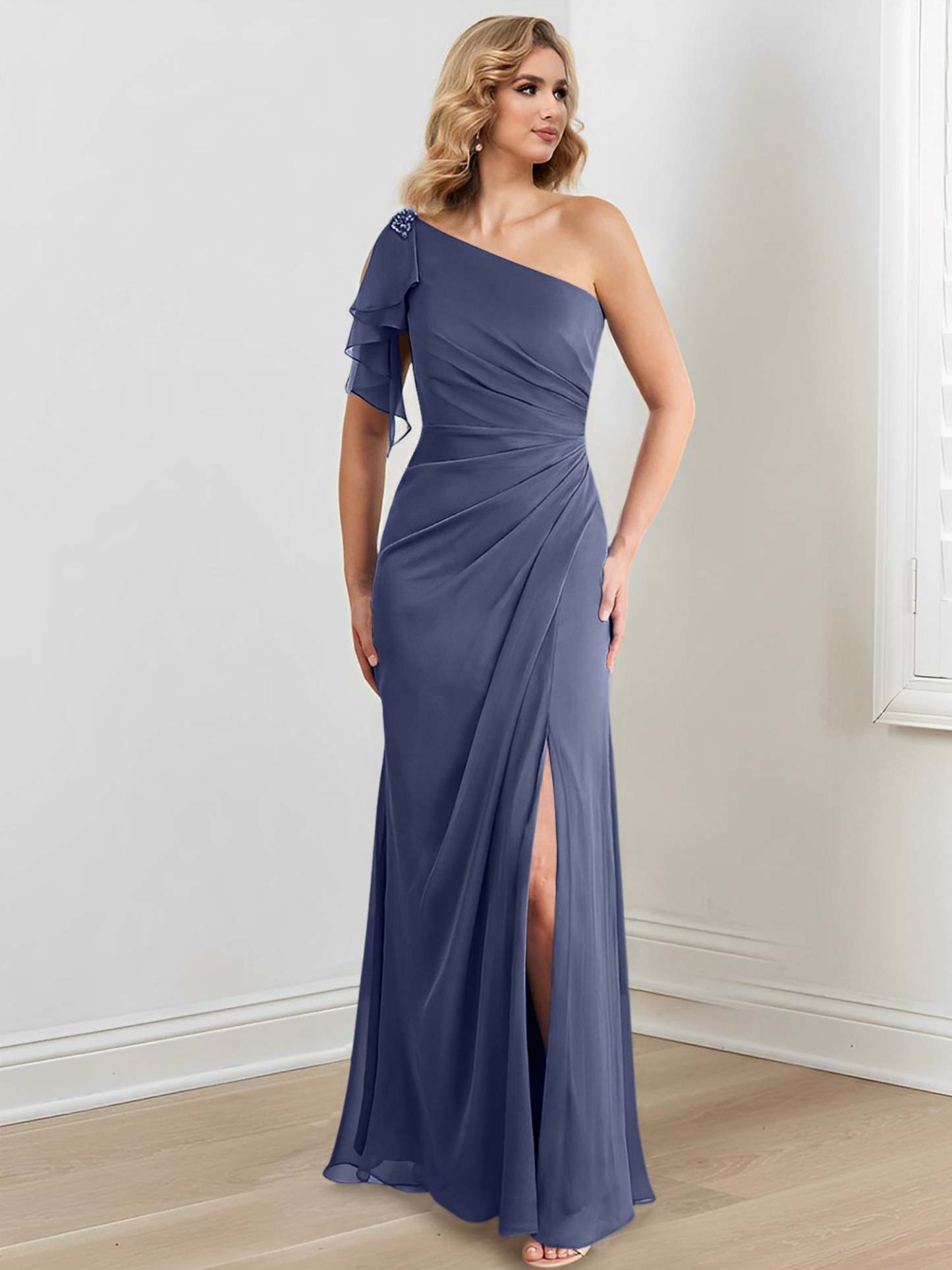 Elegant One-Shoulder Floor-Length Sheath/Column Gown for the Mother of the Bride