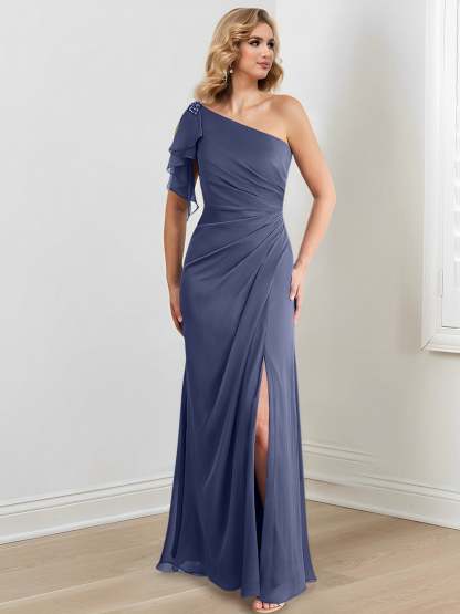 Elegant One-Shoulder Floor-Length Sheath/Column Gown for the Mother of the Bride