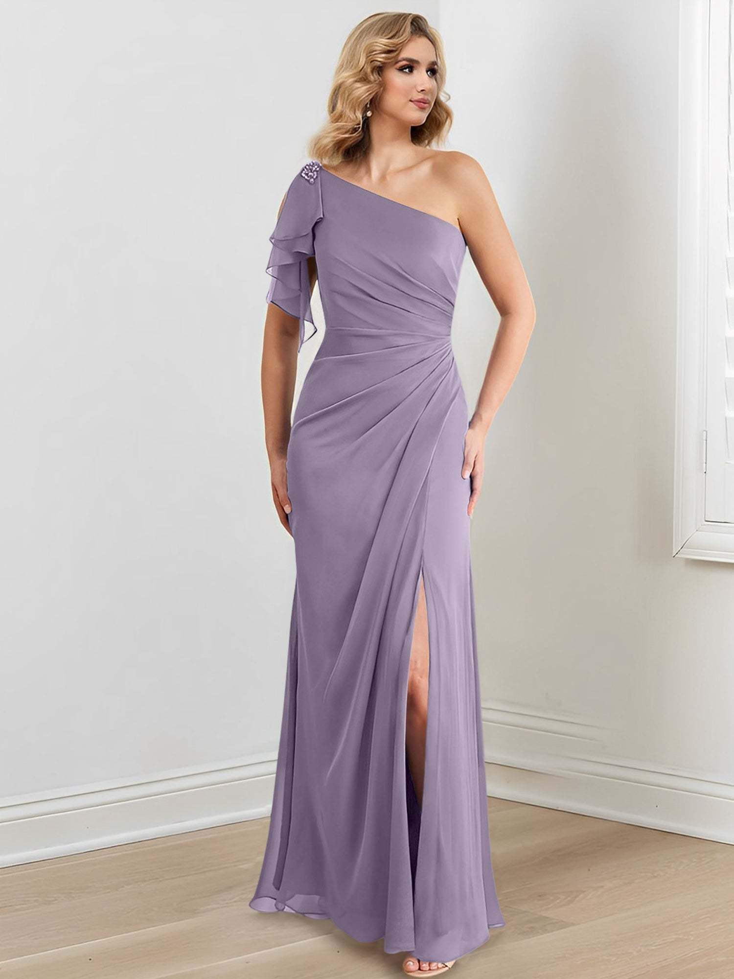 Elegant One-Shoulder Floor-Length Sheath/Column Gown for the Mother of the Bride
