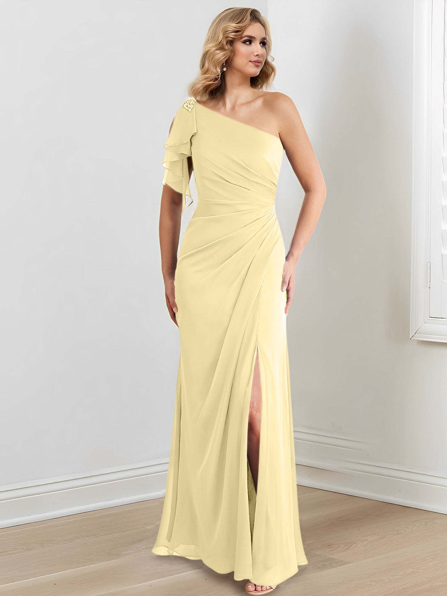 Elegant One-Shoulder Floor-Length Sheath/Column Gown for the Mother of the Bride