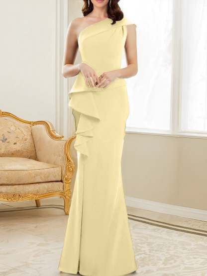 One-Shoulder Floor-Length Trumpet/Mermaid Gown for the Mother of the Bride