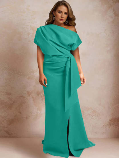 One-Shoulder Mermaid Trumpet Gown with Ruffles and Side Split for Plus-Size Mothers of the Bride