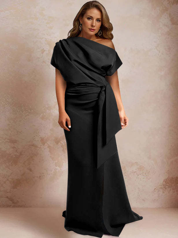 One-Shoulder Mermaid Trumpet Gown with Ruffles and Side Split for Plus-Size Mothers of the Bride