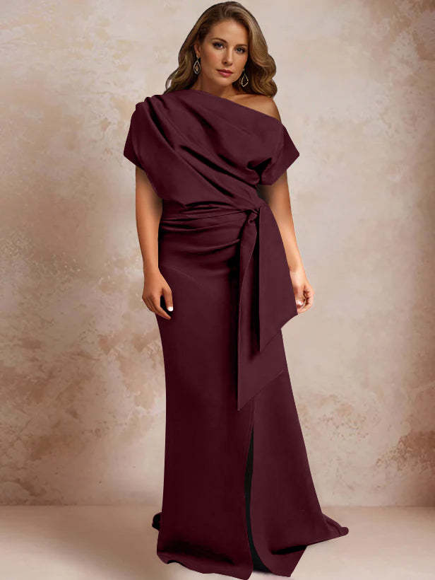 One-Shoulder Mermaid Trumpet Gown with Ruffles and Side Split for Plus-Size Mothers of the Bride