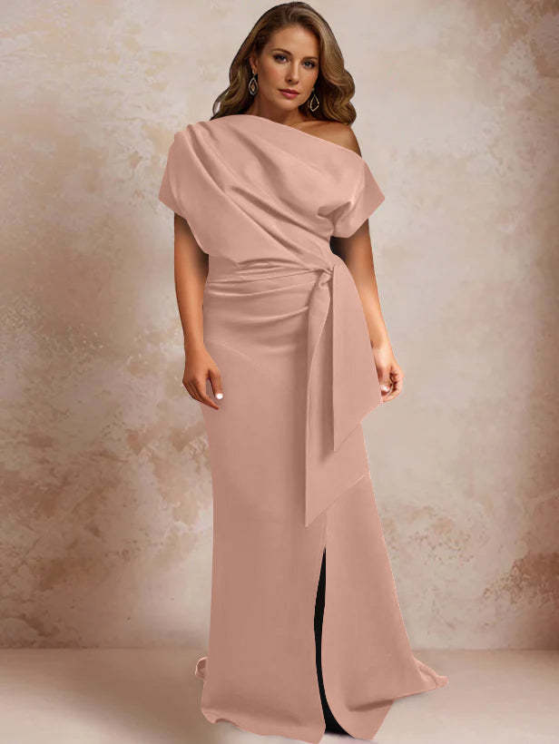 One-Shoulder Mermaid Trumpet Gown with Ruffles and Side Split for Plus-Size Mothers of the Bride