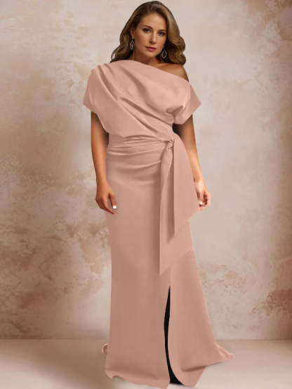 One-Shoulder Mermaid Trumpet Gown with Ruffles and Side Split for Plus-Size Mothers of the Bride