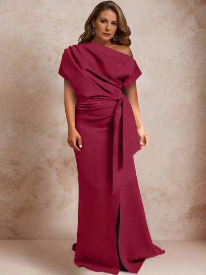 One-Shoulder Mermaid Trumpet Gown with Ruffles and Side Split for Plus-Size Mothers of the Bride