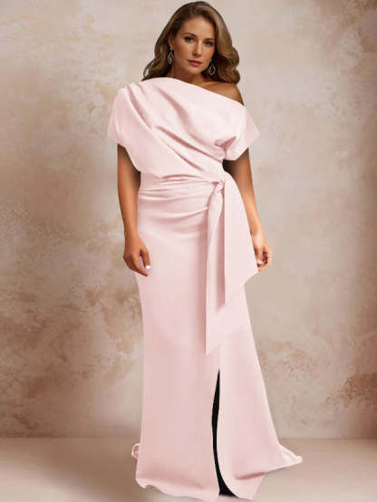 One-Shoulder Mermaid Trumpet Gown with Ruffles and Side Split for Plus-Size Mothers of the Bride