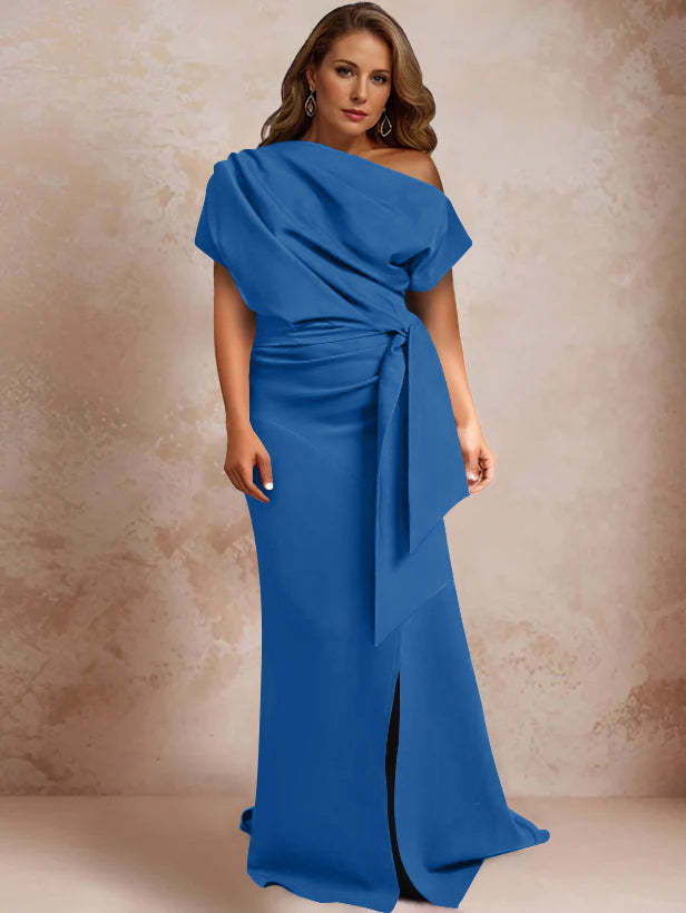 One-Shoulder Mermaid Trumpet Gown with Ruffles and Side Split for Plus-Size Mothers of the Bride
