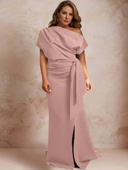 One-Shoulder Mermaid Trumpet Gown with Ruffles and Side Split for Plus-Size Mothers of the Bride