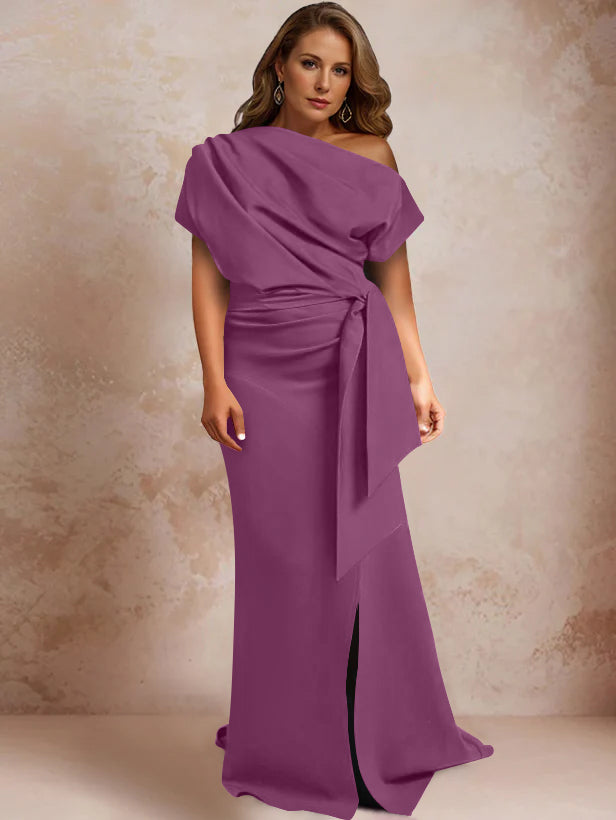 One-Shoulder Mermaid Trumpet Gown with Ruffles and Side Split for Plus-Size Mothers of the Bride