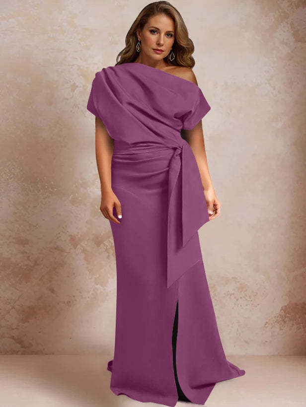 One-Shoulder Mermaid Trumpet Gown with Ruffles and Side Split for Plus-Size Mothers of the Bride