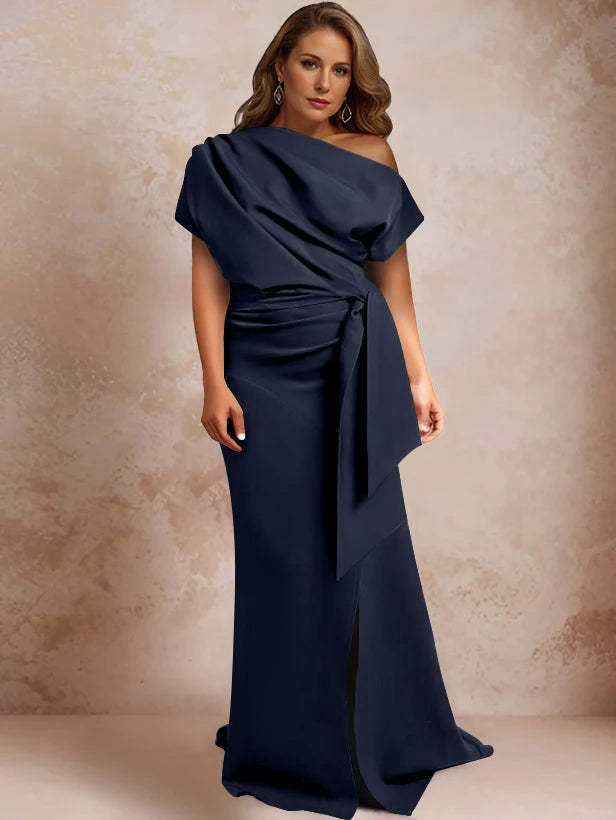 One-Shoulder Mermaid Trumpet Gown with Ruffles and Side Split for Plus-Size Mothers of the Bride