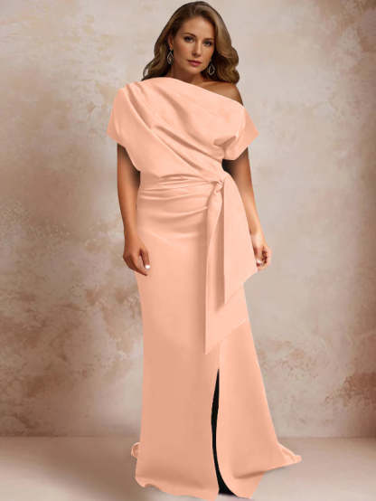 One-Shoulder Mermaid Trumpet Gown with Ruffles and Side Split for Plus-Size Mothers of the Bride