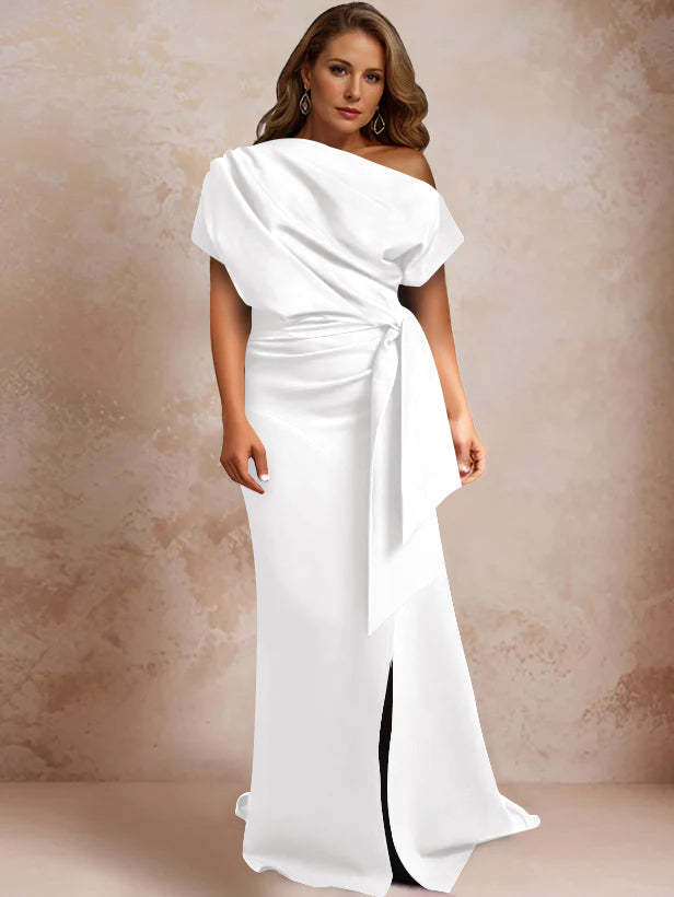 One-Shoulder Mermaid Trumpet Gown with Ruffles and Side Split for Plus-Size Mothers of the Bride