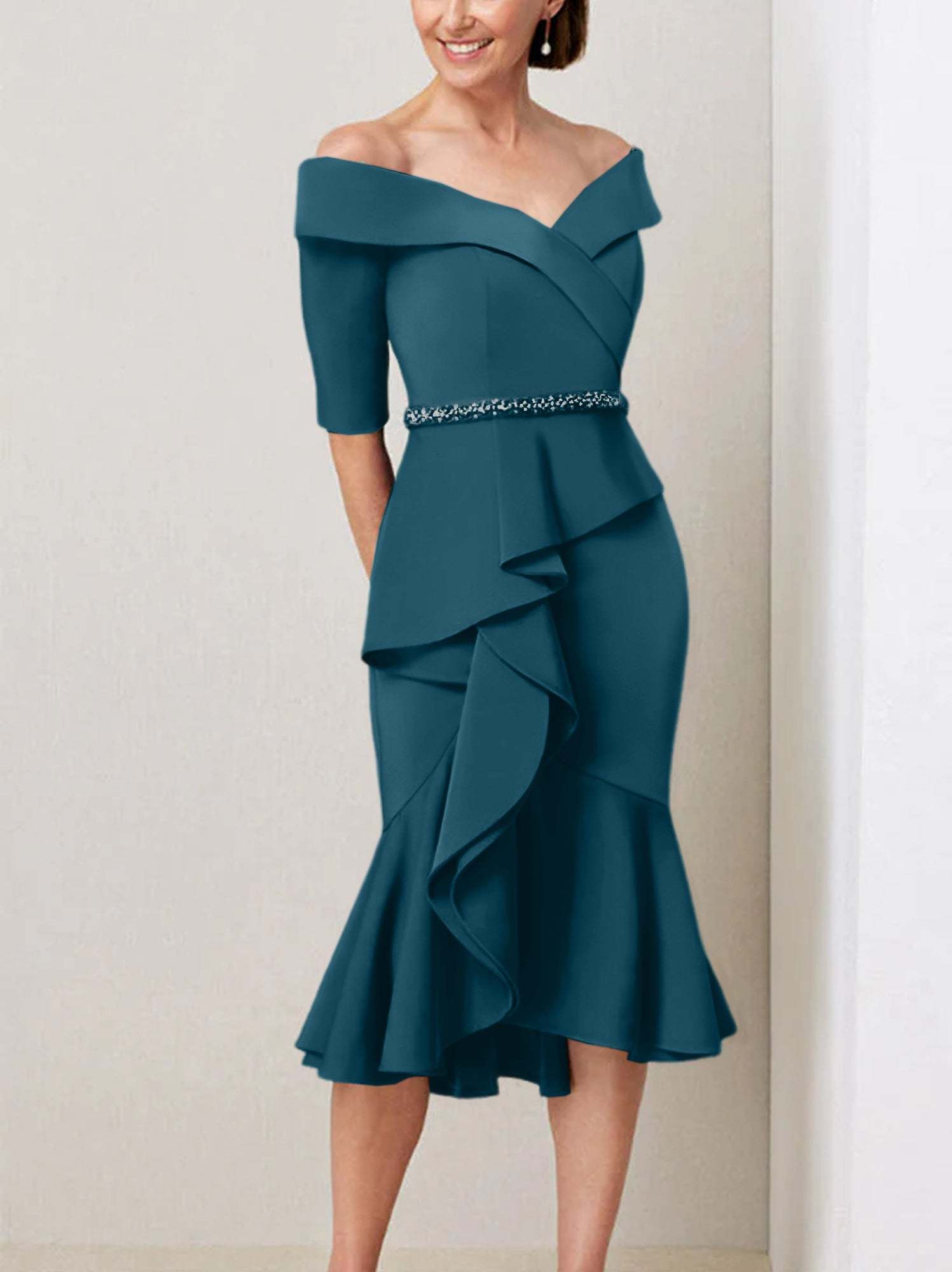 Off-the-Shoulder Beaded and Ruffled Mother of the Bride Sheath Dress with Half Sleeves