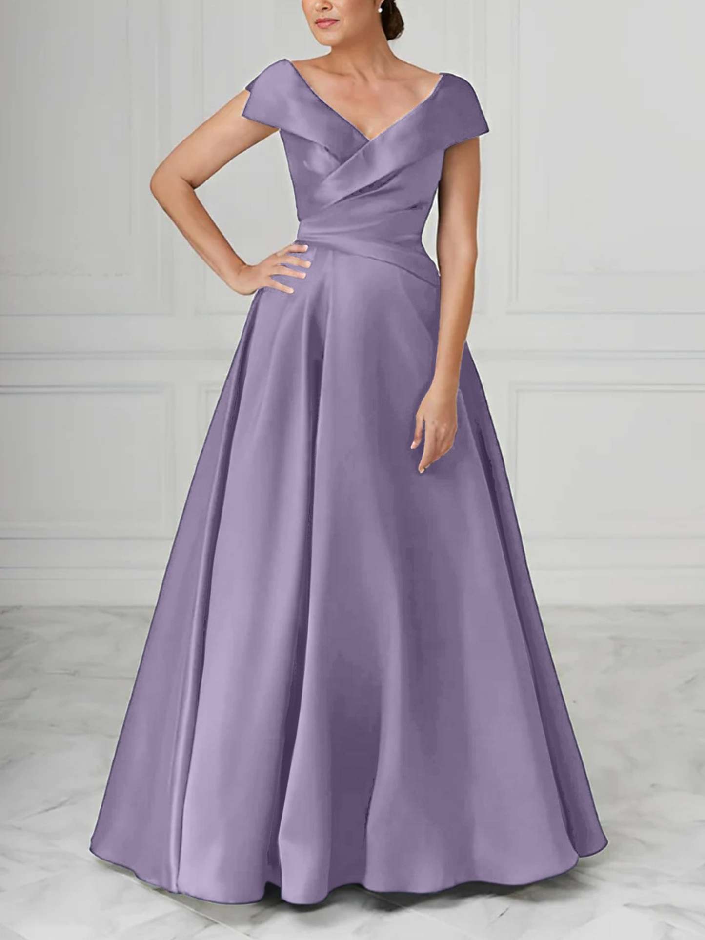 V-Neck Satin A-Line Mother of the Bride Dresses with Ruched Princess Details