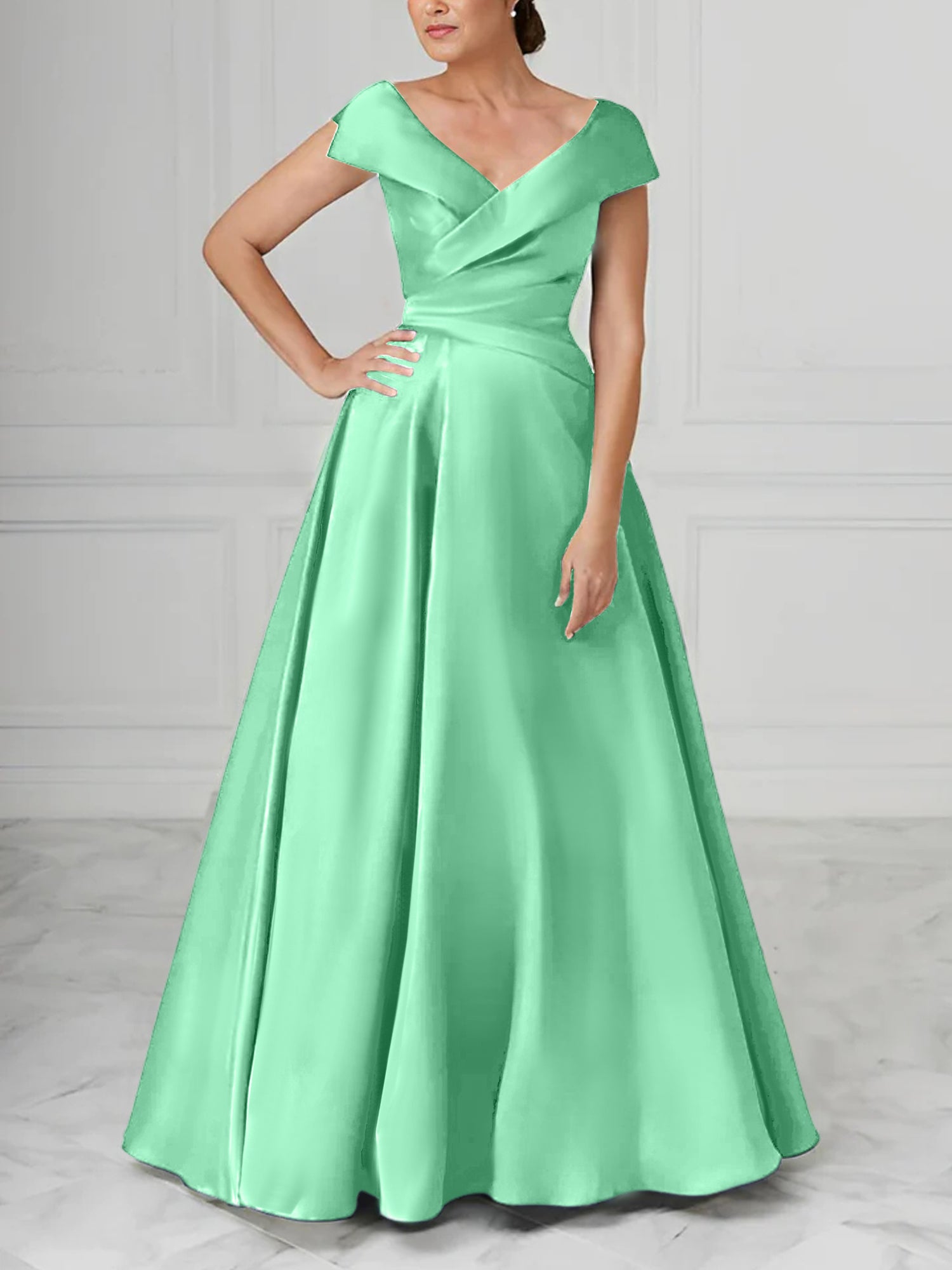 V-Neck Satin A-Line Mother of the Bride Dresses with Ruched Princess Details