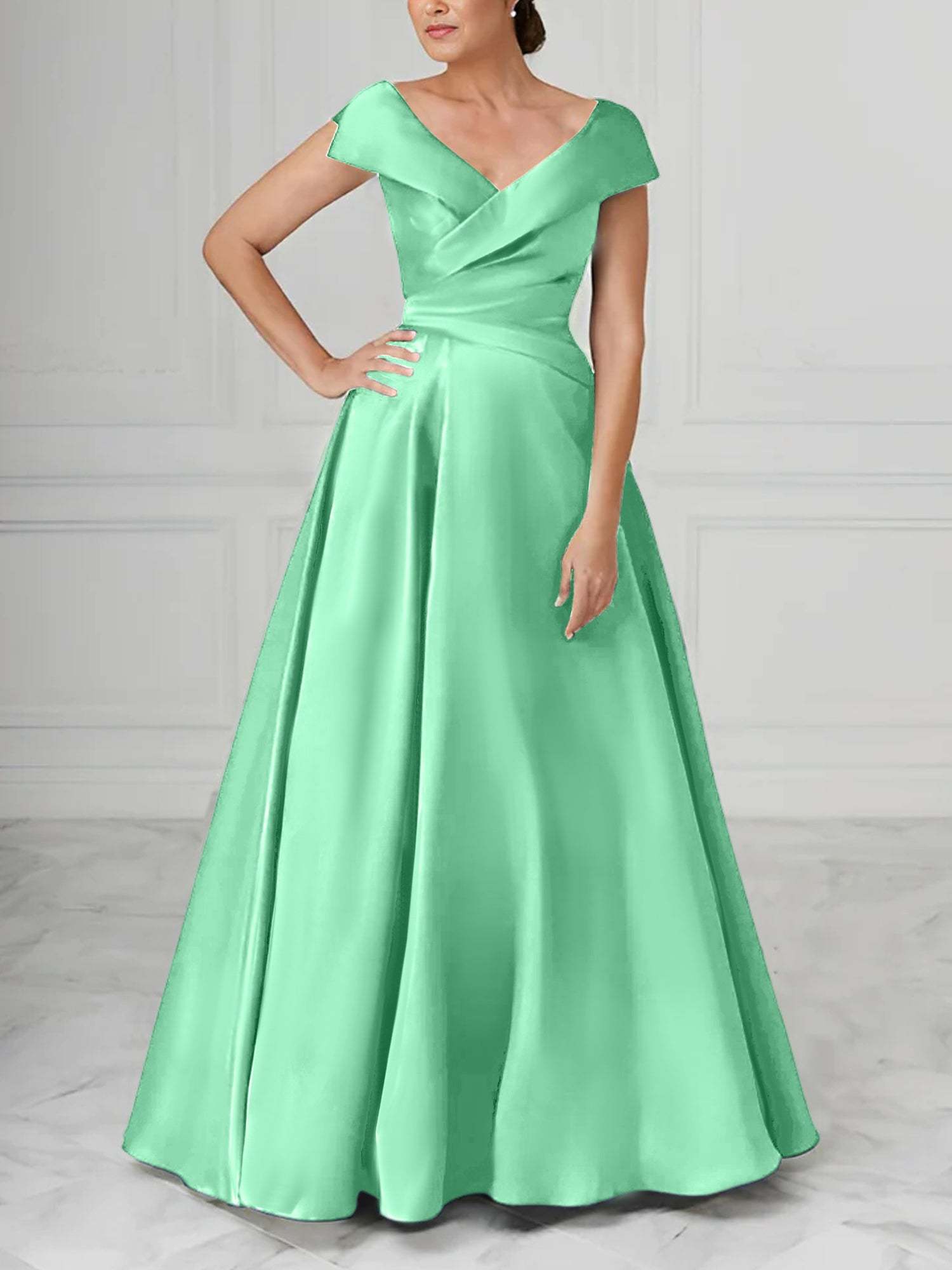 V-Neck Satin A-Line Mother of the Bride Dresses with Ruched Princess Details