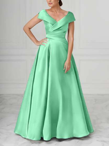 V-Neck Satin A-Line Mother of the Bride Dresses with Ruched Princess Details
