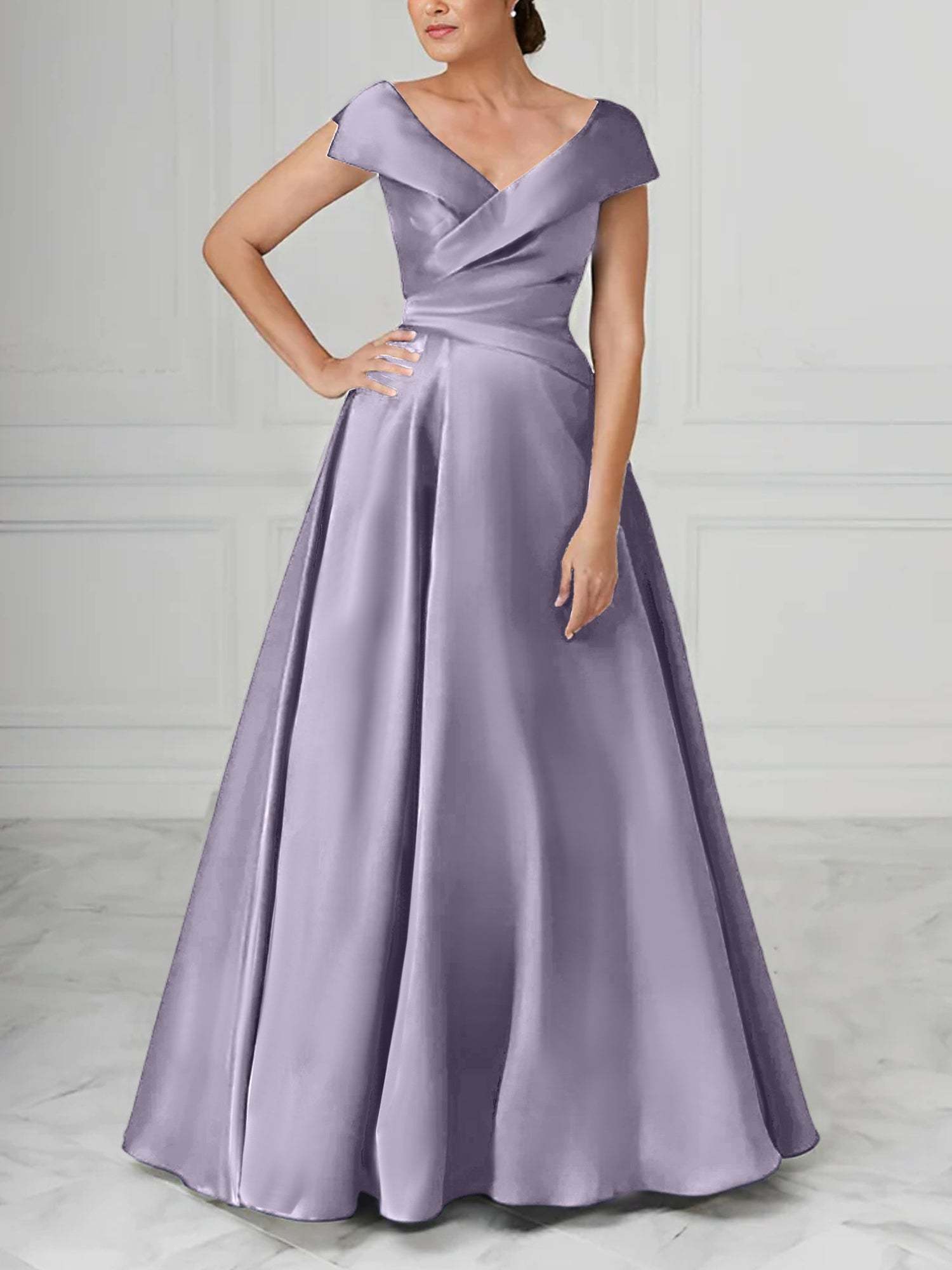 V-Neck Satin A-Line Mother of the Bride Dresses with Ruched Princess Details