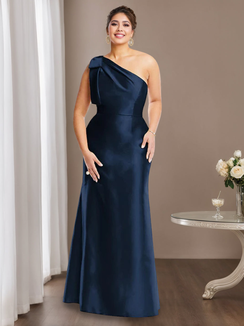 One-Shoulder Sleeveless Satin Mother of the Bride Dress with Bowknot Sheath/Column