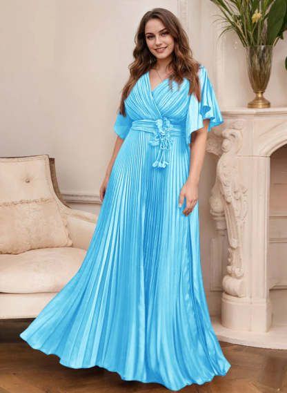 V-Neck A-Line Princess Short Sleeve Mother of the Bride Dress with Belt