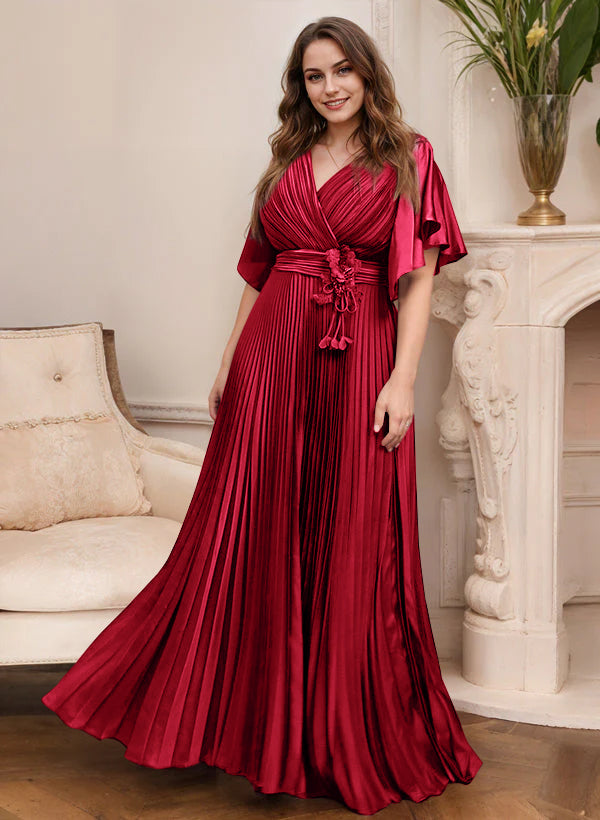 V-Neck A-Line Princess Short Sleeve Mother of the Bride Dress with Belt