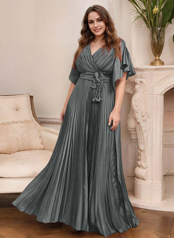 V-Neck A-Line Princess Short Sleeve Mother of the Bride Dress with Belt