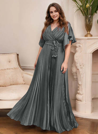 V-Neck A-Line Princess Short Sleeve Mother of the Bride Dress with Belt