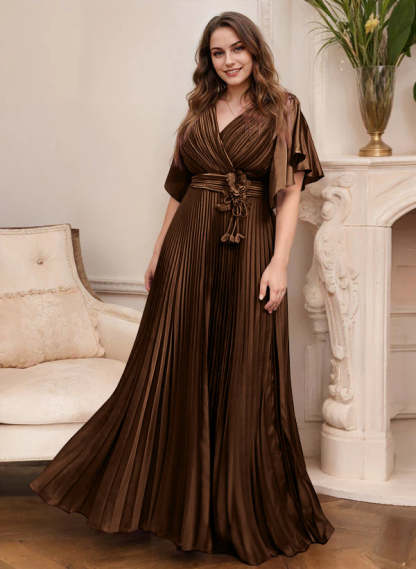 V-Neck A-Line Princess Short Sleeve Mother of the Bride Dress with Belt