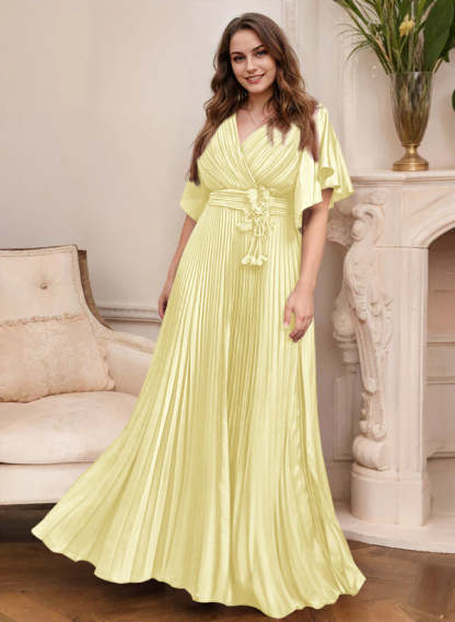 V-Neck A-Line Princess Short Sleeve Mother of the Bride Dress with Belt