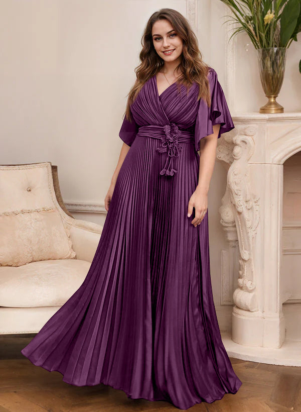 V-Neck A-Line Princess Short Sleeve Mother of the Bride Dress with Belt
