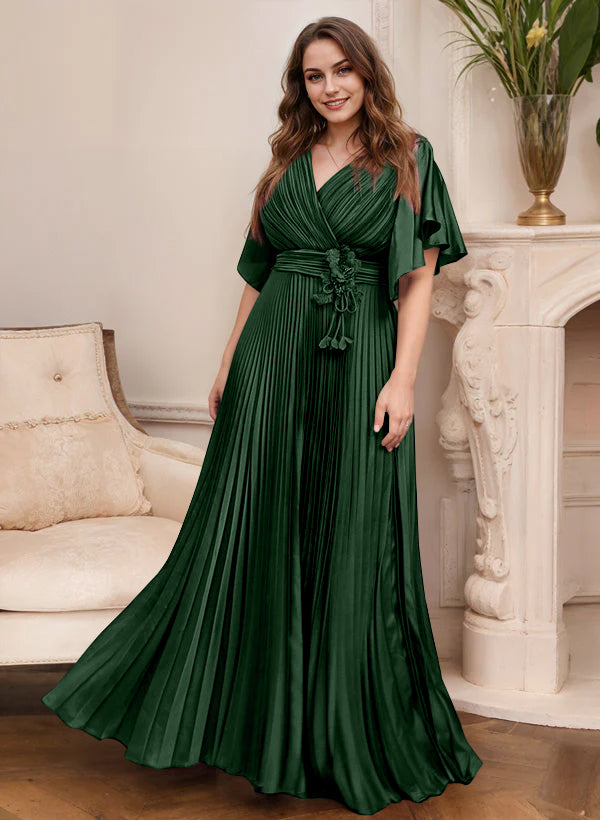 V-Neck A-Line Princess Short Sleeve Mother of the Bride Dress with Belt