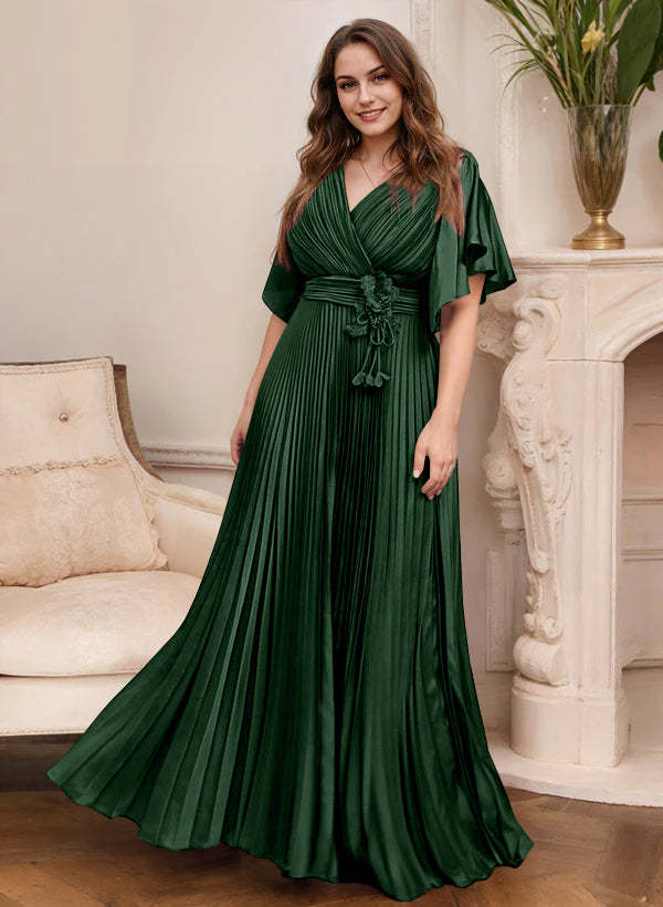 V-Neck A-Line Princess Short Sleeve Mother of the Bride Dress with Belt