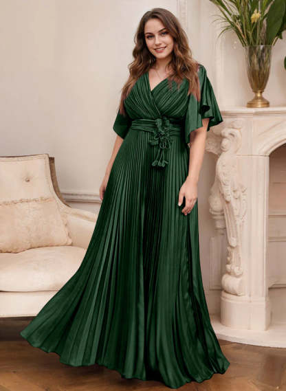 V-Neck A-Line Princess Short Sleeve Mother of the Bride Dress with Belt