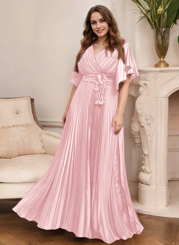 V-Neck A-Line Princess Short Sleeve Mother of the Bride Dress with Belt