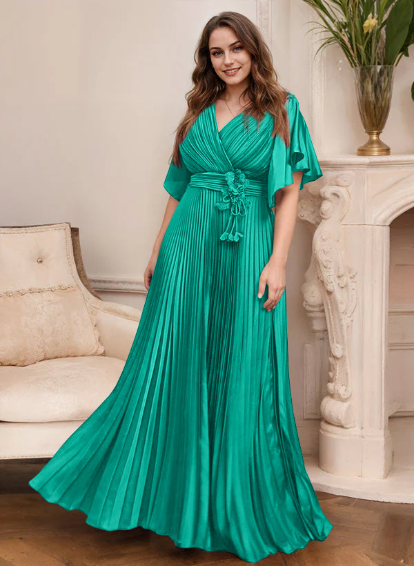 V-Neck A-Line Princess Short Sleeve Mother of the Bride Dress with Belt