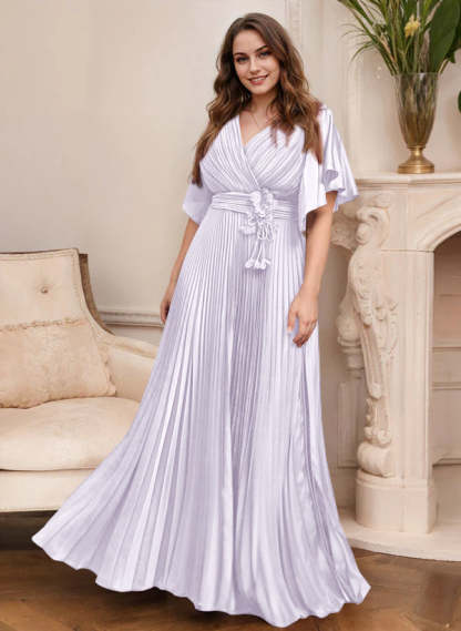 V-Neck A-Line Princess Short Sleeve Mother of the Bride Dress with Belt