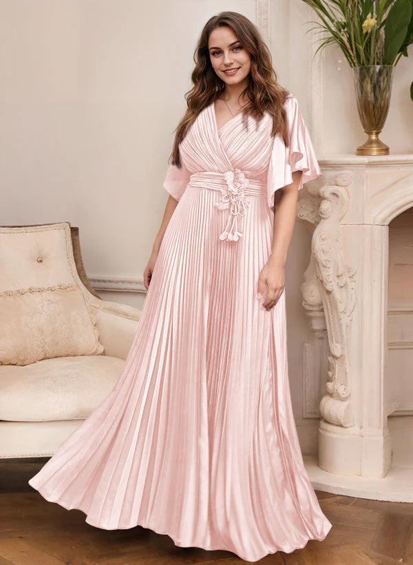V-Neck A-Line Princess Short Sleeve Mother of the Bride Dress with Belt