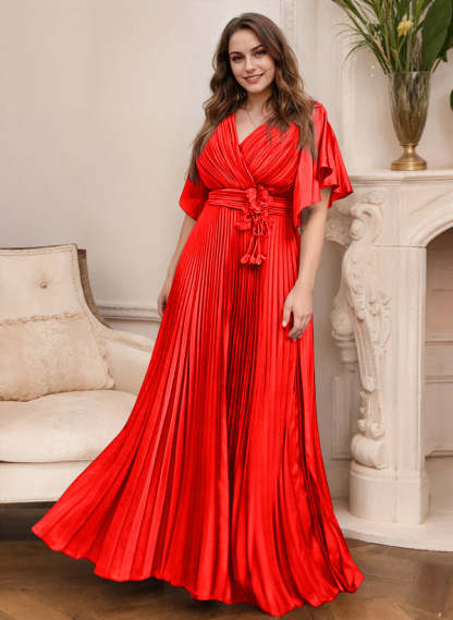 V-Neck A-Line Princess Short Sleeve Mother of the Bride Dress with Belt