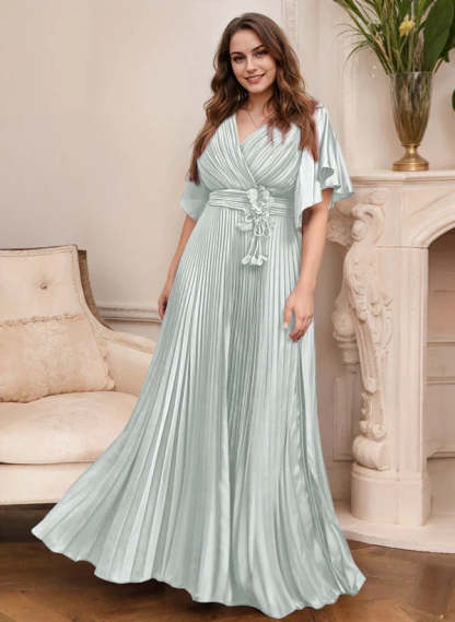 V-Neck A-Line Princess Short Sleeve Mother of the Bride Dress with Belt