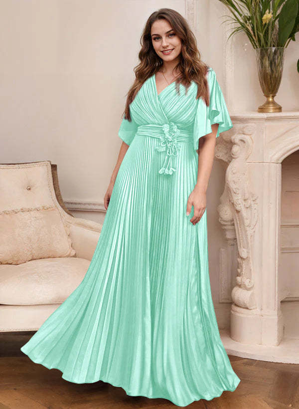 V-Neck A-Line Princess Short Sleeve Mother of the Bride Dress with Belt