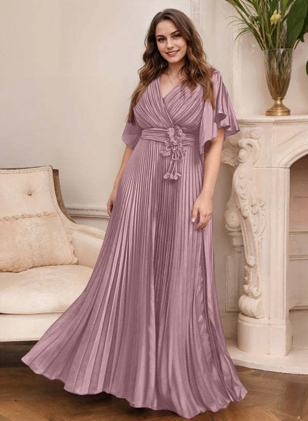 V-Neck A-Line Princess Short Sleeve Mother of the Bride Dress with Belt