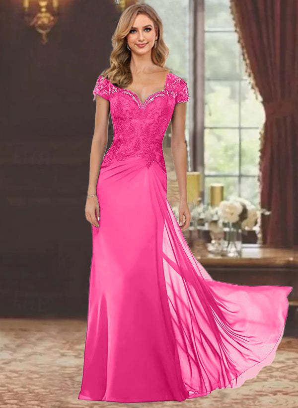 Sweetheart Short-Sleeve Floor-Length Sheath Mother of the Bride Dress with Lace Appliques & Sequins