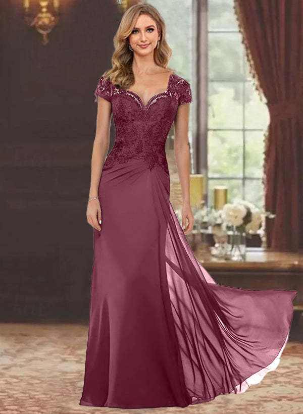 Sweetheart Short-Sleeve Floor-Length Sheath Mother of the Bride Dress with Lace Appliques & Sequins